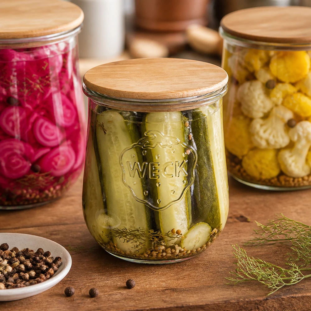 WECK Tulpenglas RR100 1062ml mit Holzdeckel gefüllt mit eingelegten Gewürzgurken und Dill auf Holztisch mit Gewürzen