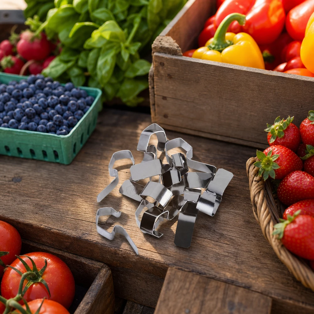 Einkochklammern Edelstahl umgeben von frischem Gemüse Obst und Beeren auf rustikalem Holztisch Küchenzubehör