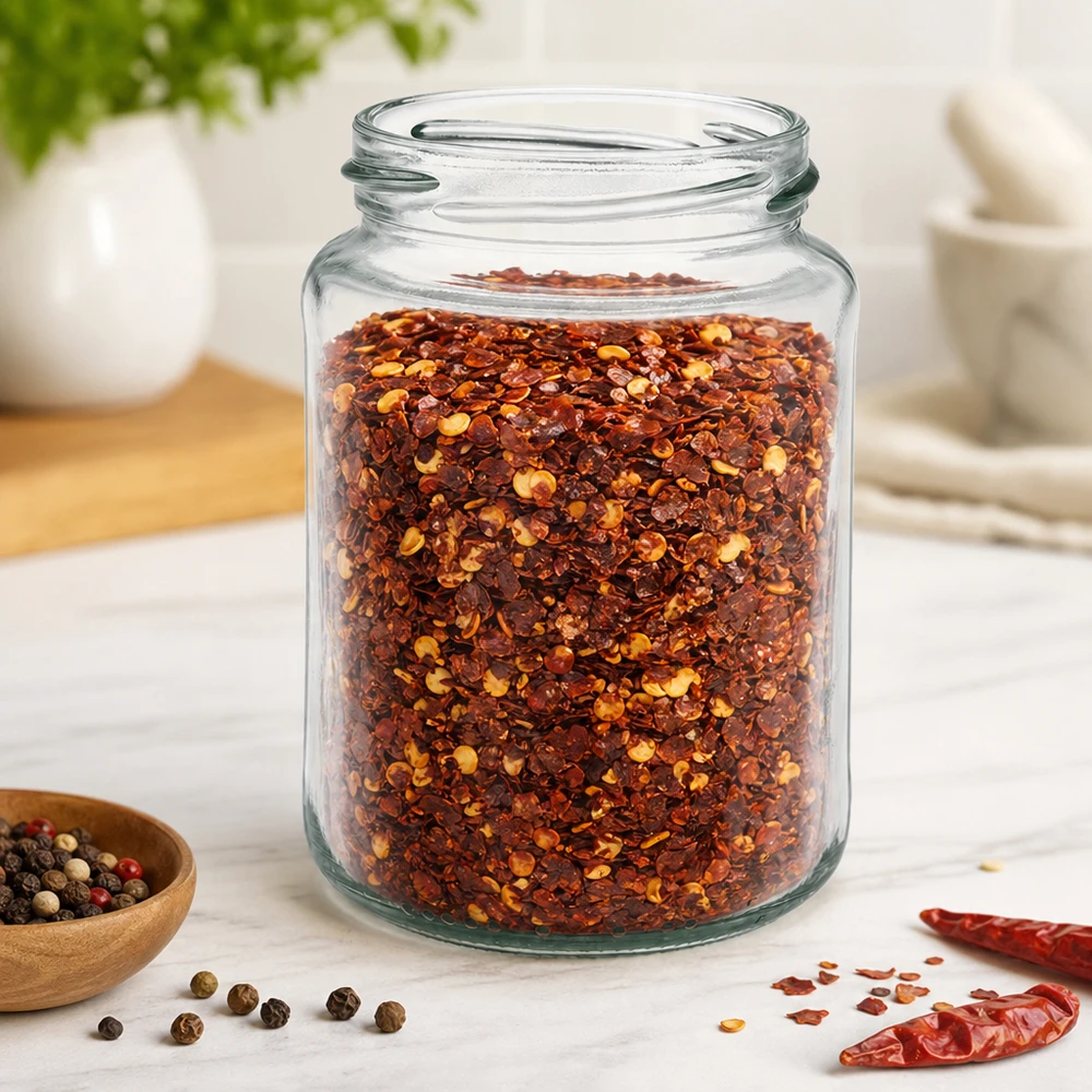 382ml Rundglas ohne Deckel (TO66) UNiTWIST UNiTWIST Runda382 Rundglas 382ml TO66 mit Chili-Gewürzmischung gefüllt in heller Küche auf Marmortisch