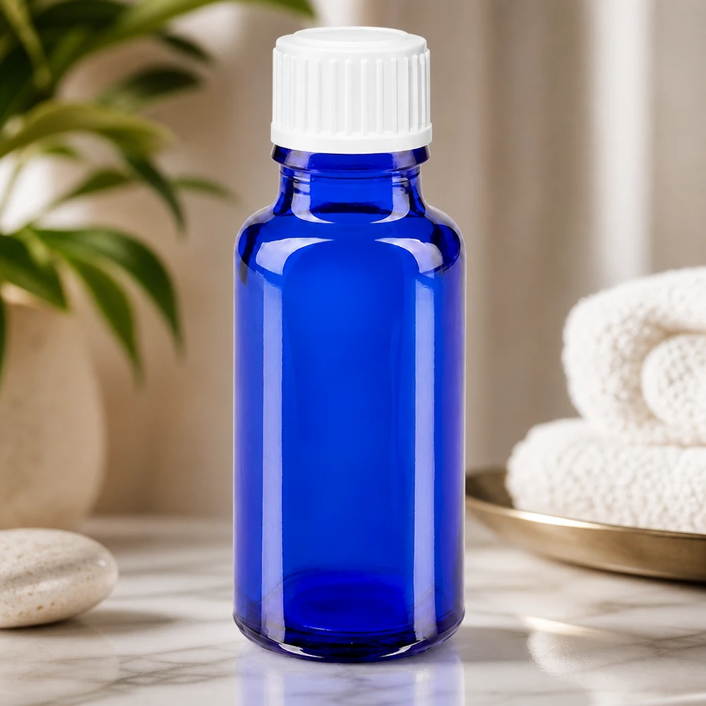 Apothekenflasche blau 20ml Schraubverschluss weiß Globuli Standard Hochwertige blaue 20ml Tropfflasche aus UV-Schutzglas mit weißem Deckel
