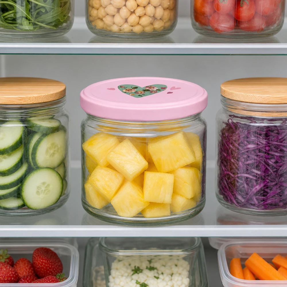 330ml Rundglas + BasicSeal Deckel Herz rosa UNiTWIST 330ml Rundglas mit rosa Herz-Deckel gefüllt mit Ananas-Stücken im Kühlschrank neben Gemüse und Obst