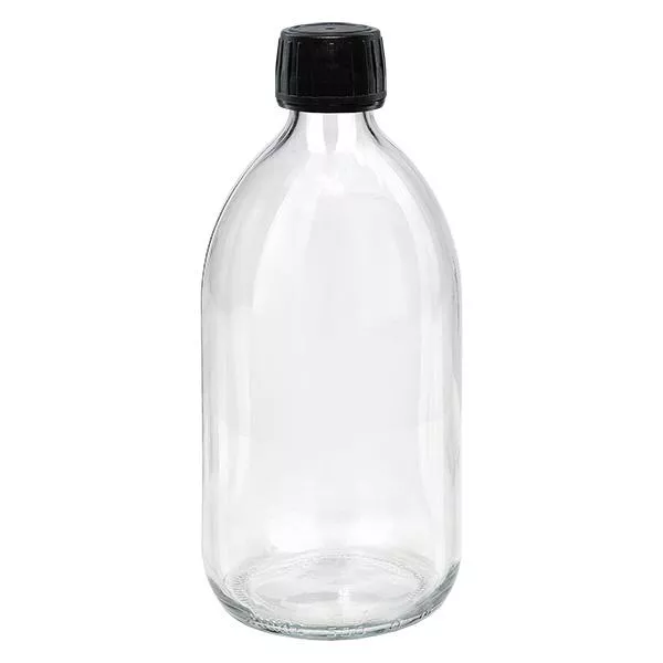 500ml Medizinflasche klar, Verschluss schwarz mit Originalitätsring ApoGlas
