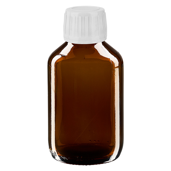 Euro-Medizinflasche 150ml braun PP28. mit weissem Schraubve Euro-Medizinflasche 150ml braun PP28. mit weissem Schraubve