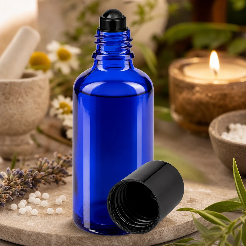 Apothekenflasche blau 50ml Roll-On Verschluss schwarz Blaue Rollerflasche 50ml mit schwarzer Applikatorkugel für Aromatherapie und Naturheilkunde