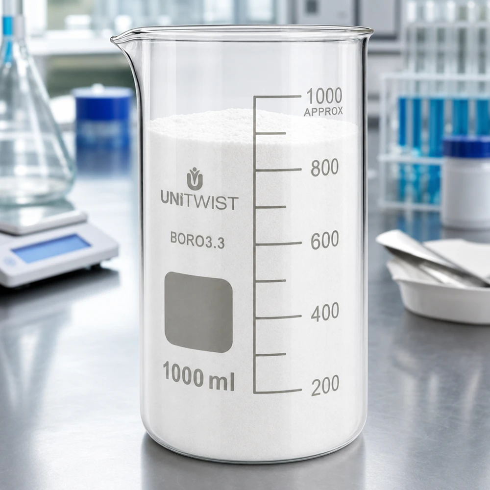 Becherglas 1000ml Borosilikat, hohe Form UNiTWIST Laborbecherglas 1000ml hohe Form UNITWIST Borosilikat mit weißem Pulver Spatel und Wiegeschale