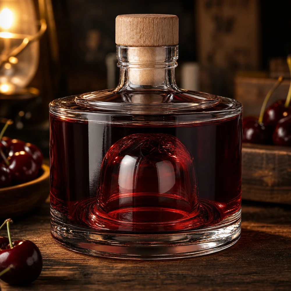 200ml Glasflasche Barbara mit roter Kirschlikör Füllung edle Präsentation auf rustikalem Holz atmosphärische Beleuchtung