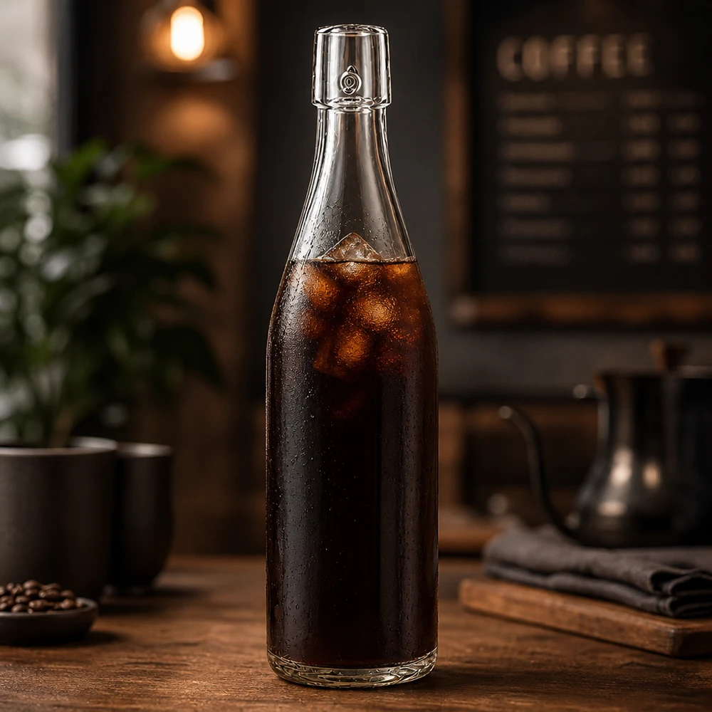 500ml Glasflasche ohne Bügelverschluss UNiTWIST® 500ml UNiTWIST Glasflasche mit Cold Brew Kaffee befüllt und Eiswürfeln in stylischer Café-Atmosphäre