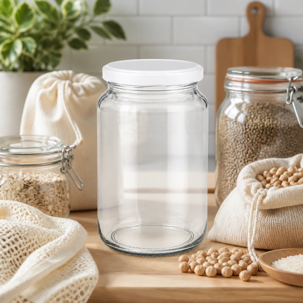 382ml Rundglas mit BasicSeal Deckel weiß UNiTWIST 382ml UNiTWIST Rundglas mit weißem BasicSeal Deckel in nachhaltiger Zero-Waste Küche mit Hülsenfrüchten und Stoffbeuteln
