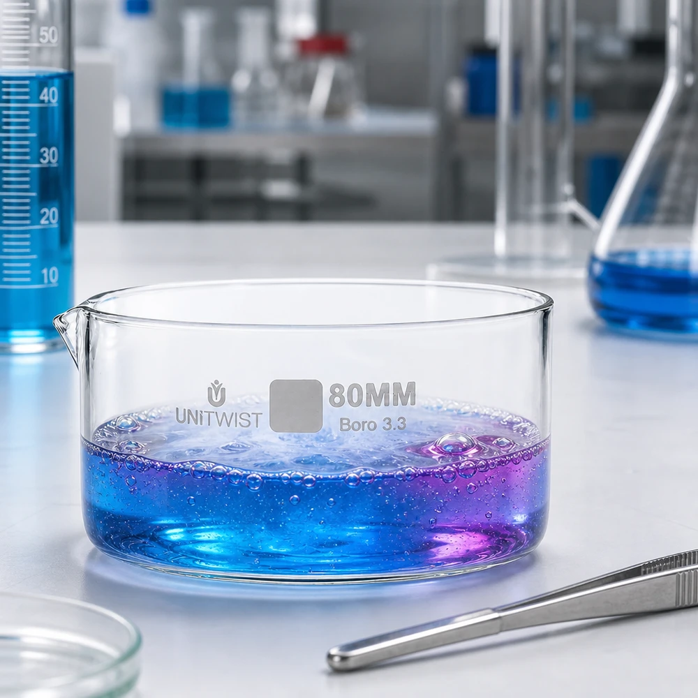 Kristallisierschale ø80mm Borosilikatglas UNiTWIST Reaktion in UNiTWIST Kristallisierschale Borosilikatglas 80mm blau-violette Farbe Labor