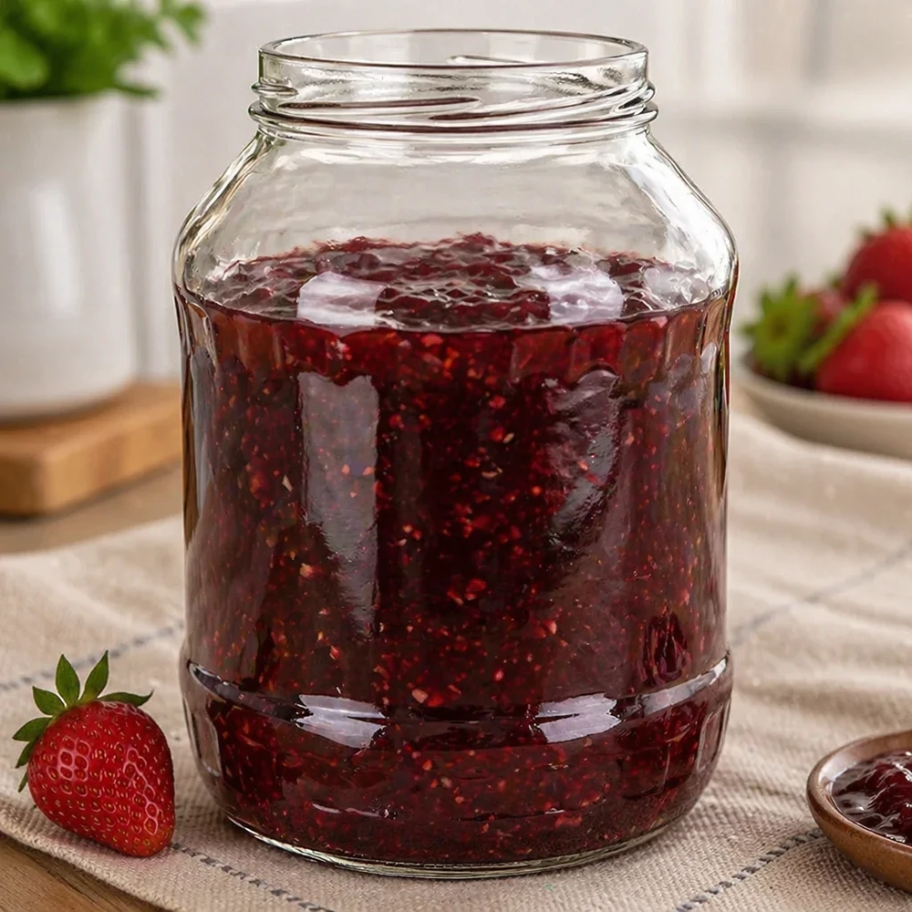 2650ml Rundglas ohne Deckel (TO100) UNiTWIST Sturzglas 2650ml mit Erdbeermarmelade gefüllt UNiTWIST Runda2650 Einmachglas TO100 Gewinde Anwendungsbeispiel