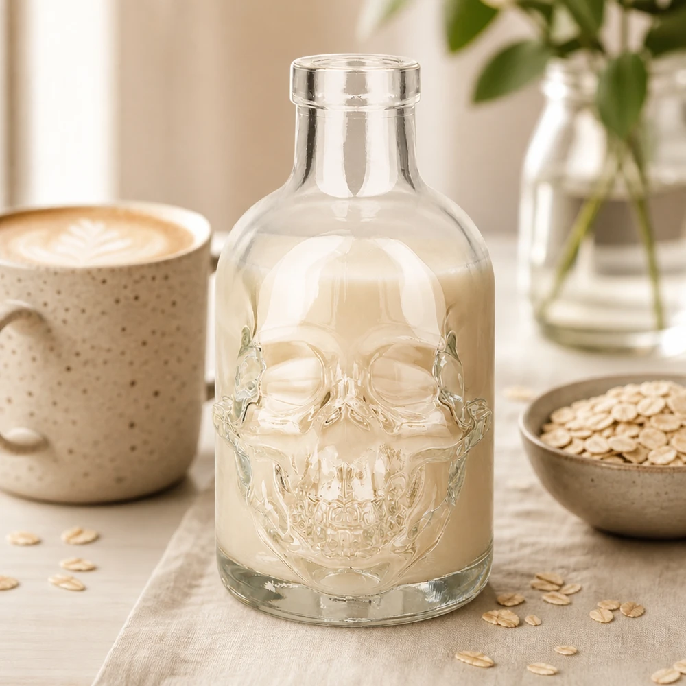 200ml Glasflasche Jack Totenkopf Design mit Hafermilch befüllt Lifestyle Szene Kaffeetasse Küche Ambiente