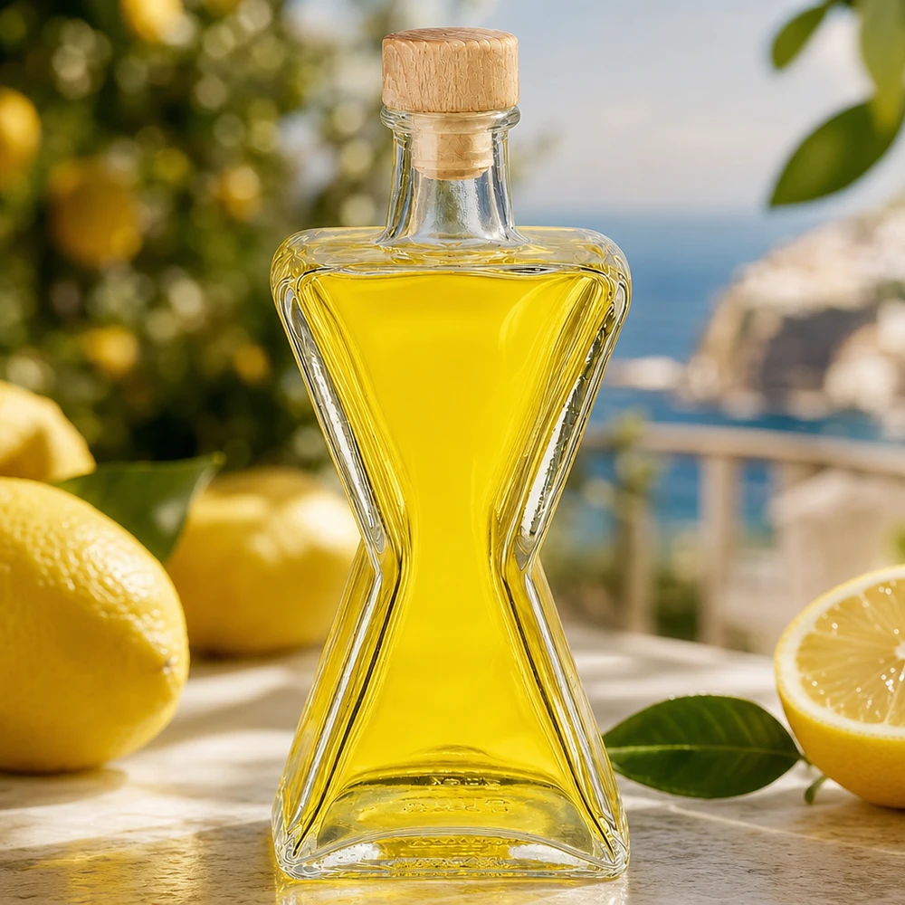 200ml Glasflasche "Star" mit Holzgriff-Korken UNiTWIST 200ml Glasflasche Star gefüllt mit gelbem Öl neben Zitronen - Holzkorken UNiTWIST für Limoncello und Spirituosen