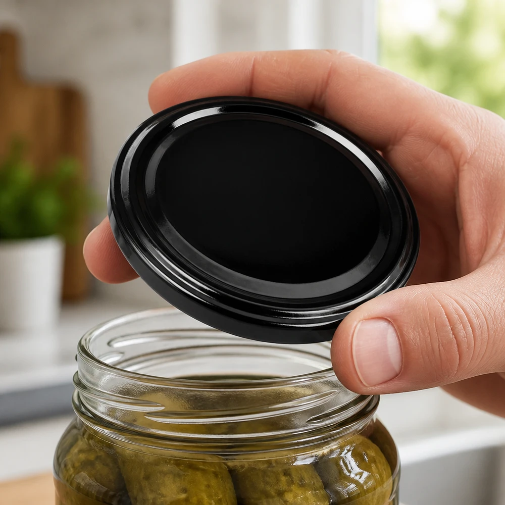 UNiTWIST TO48 schwarz, BioSeal, BPA-NI, unitemp. UNiTWIST TO48 BPA-NI schwarzer Einmachdeckel unitemp wird von Gurken-Vorratsglas gelöst