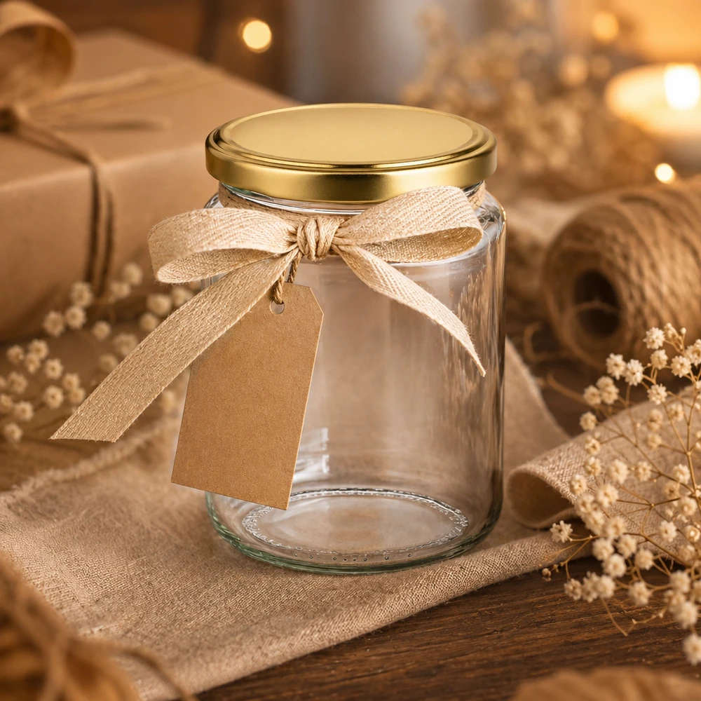 450g Honigglas mit goldenem Deckel BasicSeal UNiTWIST 450g Honigglas leer mit Schleifenband und Geschenkanhänger rustikale Dekoration BasicSeal Glas als Geschenkverpackung