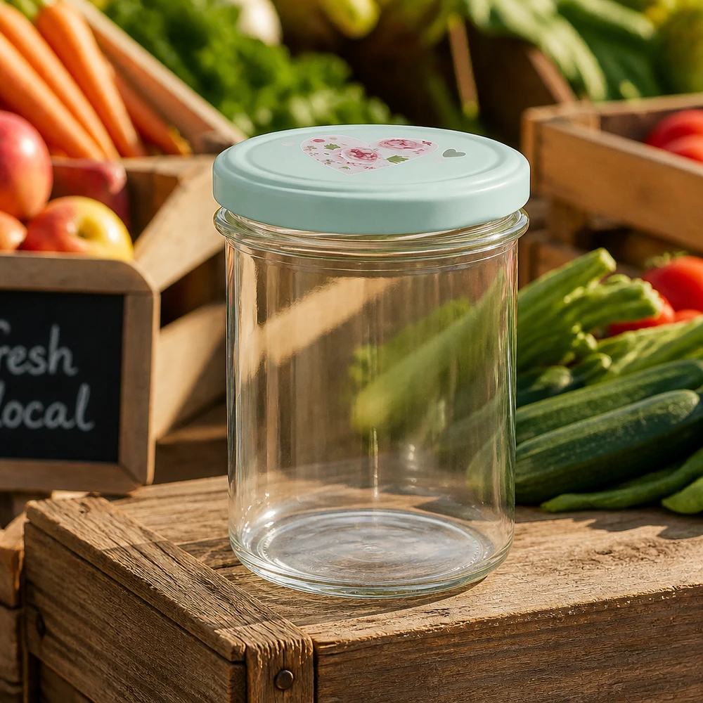 Leeres 350ml Sturzglas mit BasicSeal Deckel Herz mint auf Holzkiste Bauernmarkt Gemüsestand Aufbewahrung