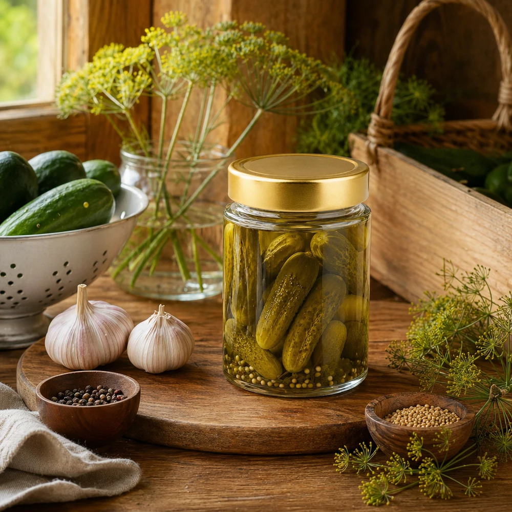 202ml Rundglas mit goldenem Deckel voller Essiggurken - traditionelles Einmachglas für eingelegtes Gemüse