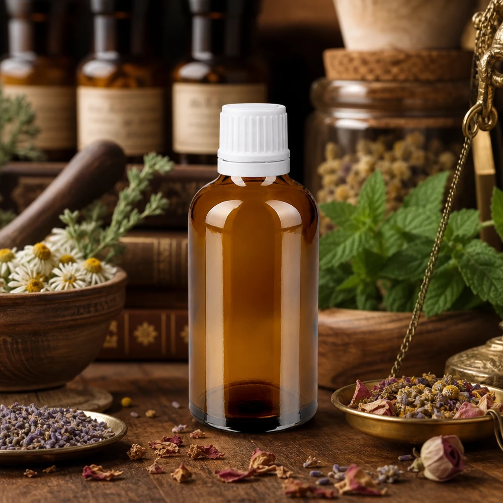 Apothekenflasche braun 50ml Schraubverschluss weiß Originalitätsverschluss Kompakte 50ml Apothekerflasche braun mit weißem Kindersicherheitsverschluss für Kräuteröle