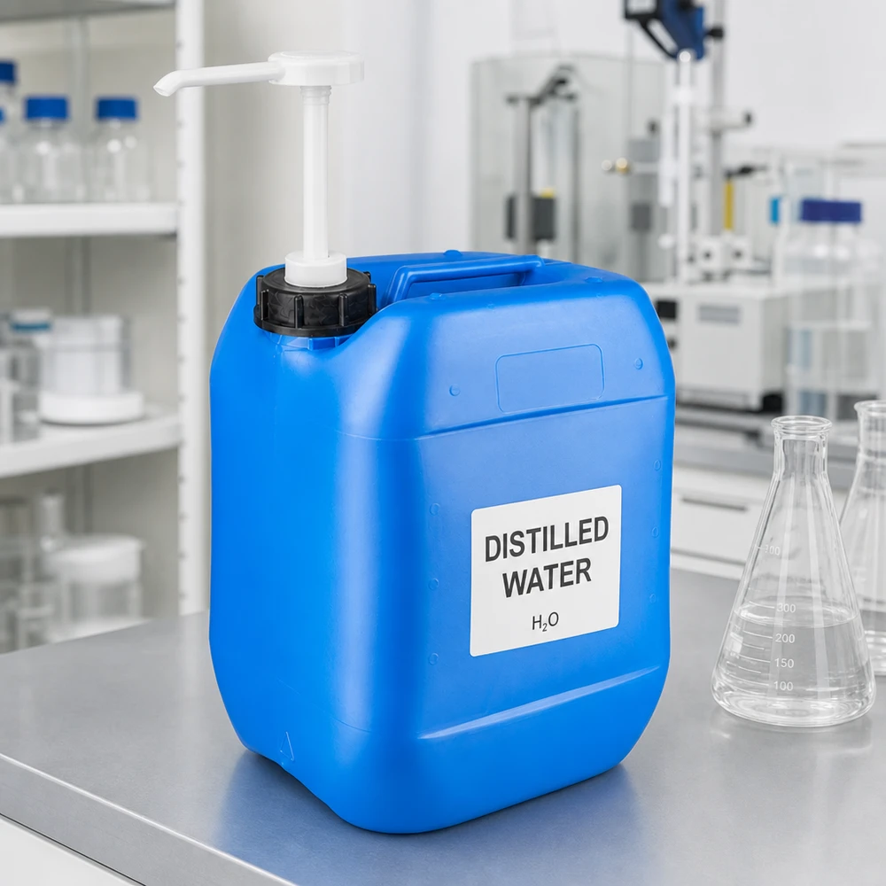 Kanister 10 Liter blau mit Dosierpumpe Blauer Chemikalienkanister mit Dosierpumpe zur präzisen Flüssigkeitsentnahme im Labor