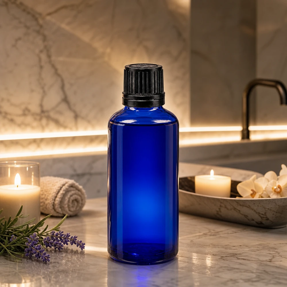 Apothekenflasche blau 50ml Tropfverschluss Giessring 1mm schwarz Originalitätsverschluss Schlanke kobaltblaue 50ml Glasflasche mit gerilltem Schwarzverschluss vor Marmorfliesen
