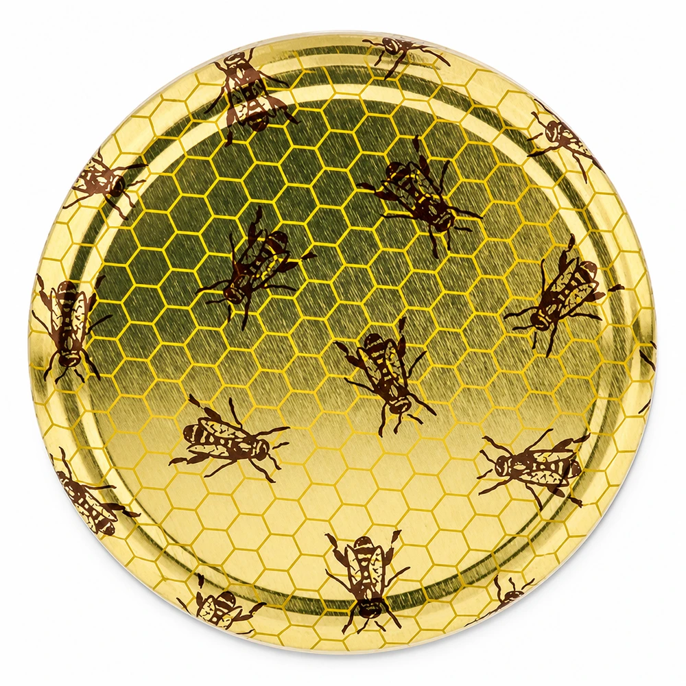 82mm BasicSeal Deckel Bienenwabe (TO82) UNiTWIST Runder TO82 Schraubdeckel 82mm goldfarben mit Bienen und Wabenstruktur-Design