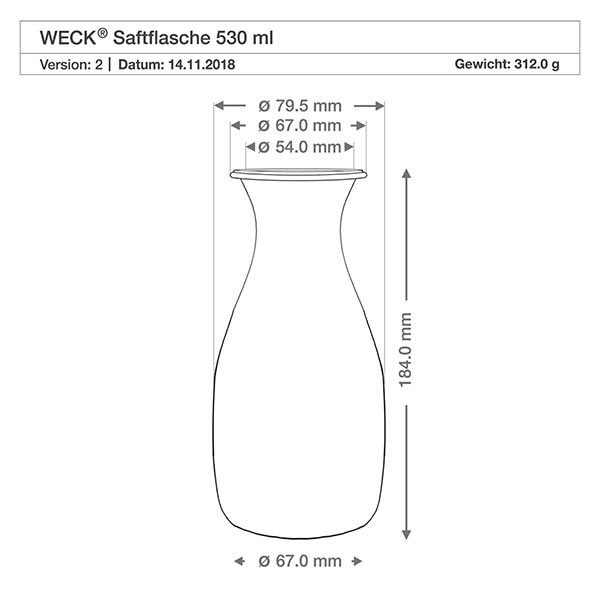 530ml Saftflasche WECK RR60 mit Korken natur WECK Saftflasche 530ml technische Zeichnung mit Maßangaben Durchmesser Höhe Gewicht Spezifikation Produktdetails