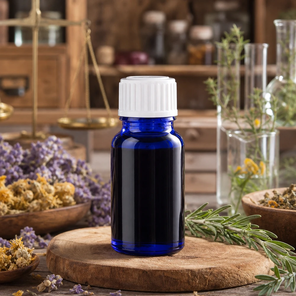 Lichtschützende kobaltblaue Glasflasche 10ml mit weißem Verschluss in Kräuterapotheke