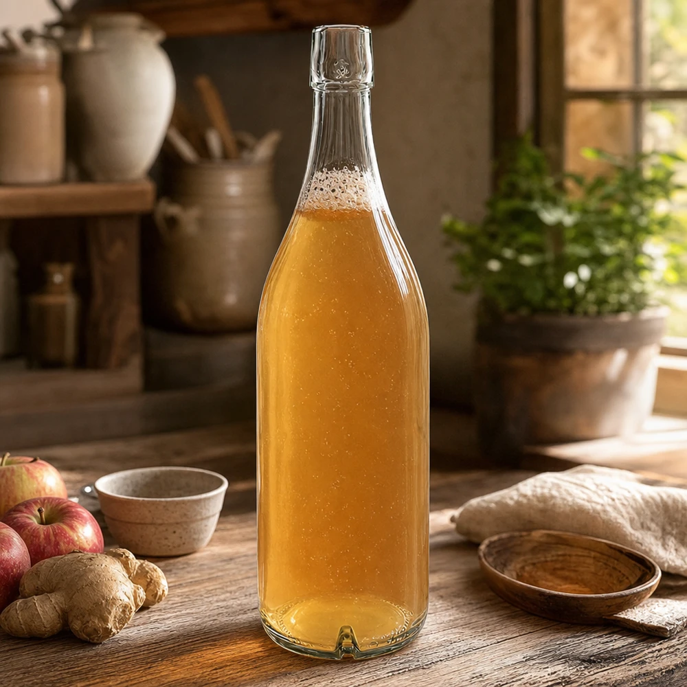 1000ml Glasflasche UNiTWIST mit goldenem Inhalt auf Holztisch neben Äpfeln und Ingwer in rustikaler Küche