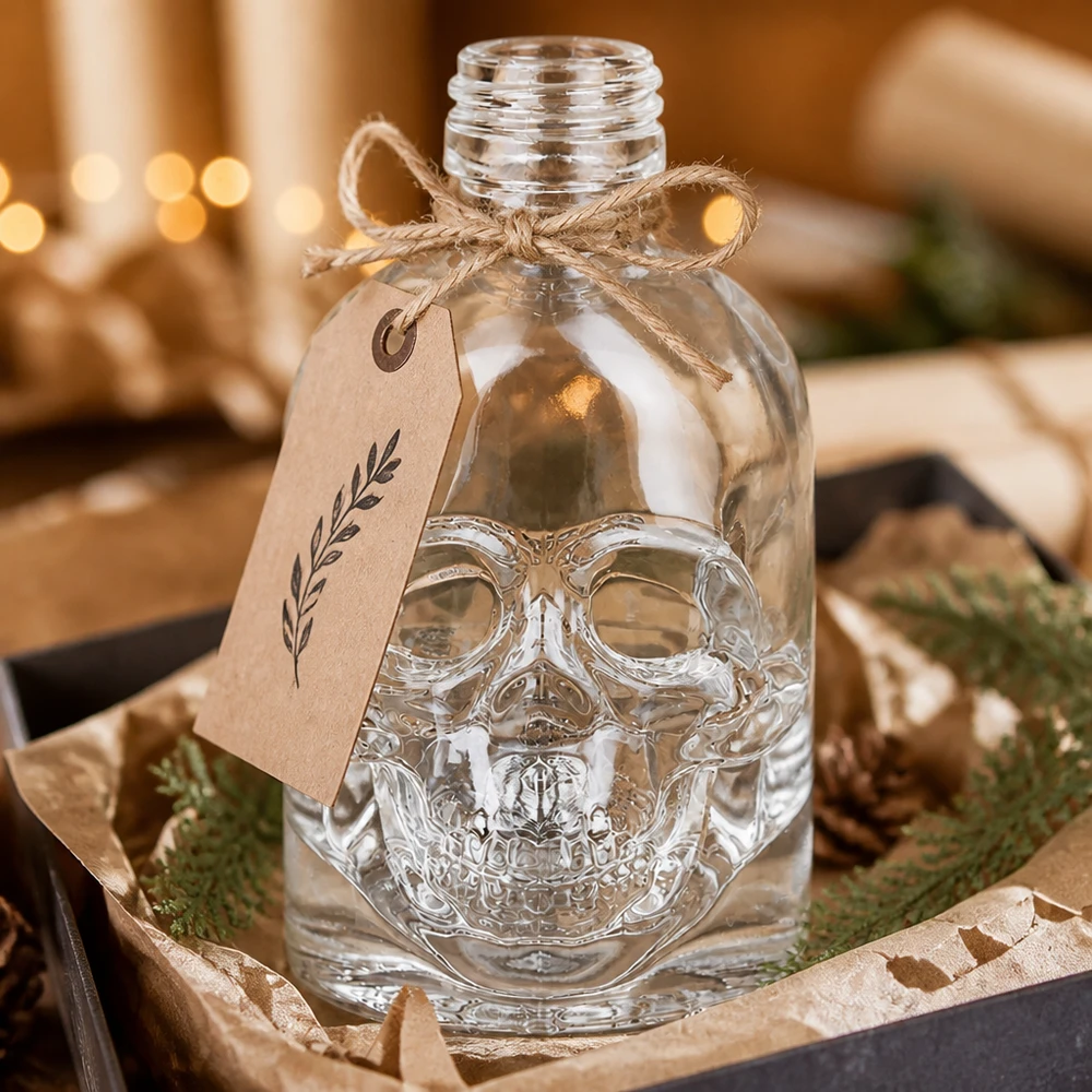 50ml Totenkopf Glasflasche Hector als Geschenk dekoriert mit Anhänger und Bast in rustikaler Holzbox UNiTWIST