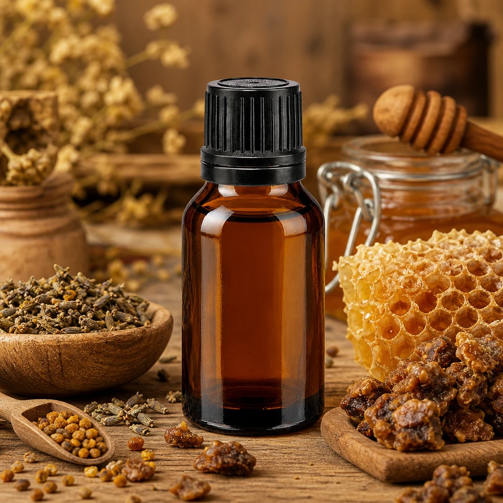 Apothekenflasche braun 15ml Schraubverschluss schwarz Giessring Originalitätsverschluss Dunkle 15ml Tropfflasche mit Gießring für ätherische Öle neben Bienenwabe und Naturharzen