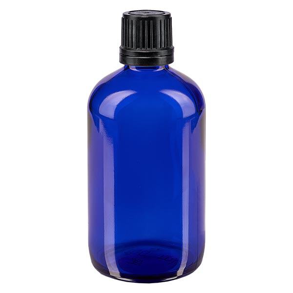 Apothekenflasche blau 100ml Tropfverschluss Premium 1mm schwarz Originalitätsverschluss