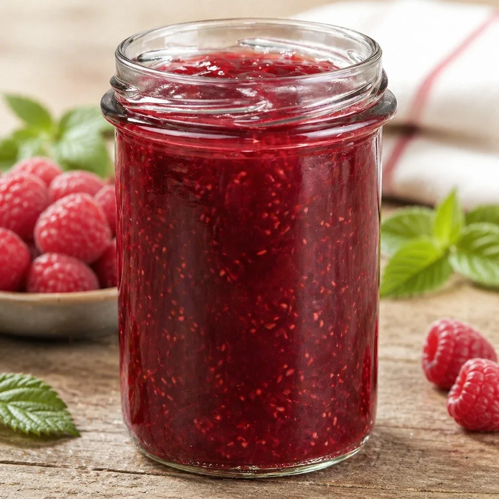 230ml Sturzglas ohne Deckel (TO66) UNiTWIST UNiTWIST Sturzglas 230ml TO66 mit roter Marmelade gefüllt, umgeben von frischen Himbeeren und grünen Blättern