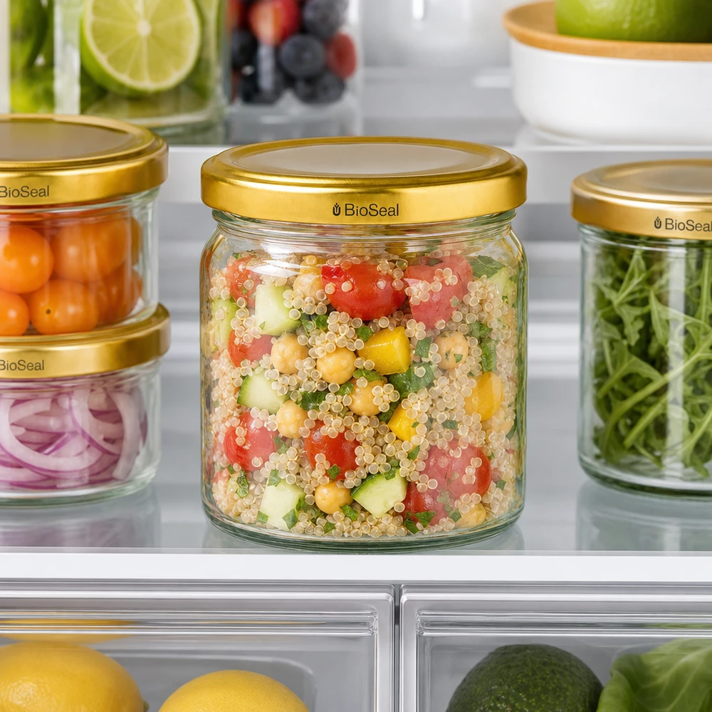 408ml Rundglas mit BioSeal Deckel gold UNiTWIST UNiTWIST Runda408 Vorratsgläser mit goldenen TO82 BioSeal Deckeln im Kühlschrank - praktische Aufbewahrung von Salat