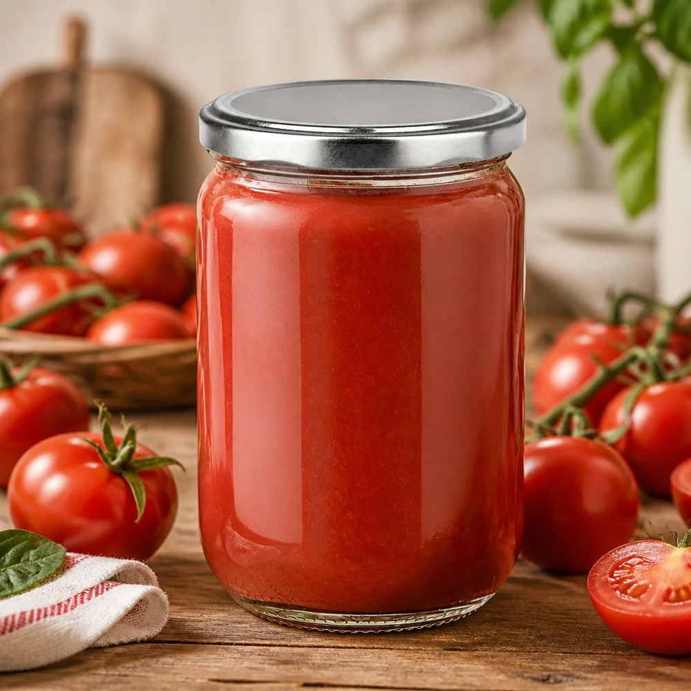 555ml Glasbehaelter UNiTWIST mit Tomatenmark und silbernem BasicSeal Deckel auf Holz