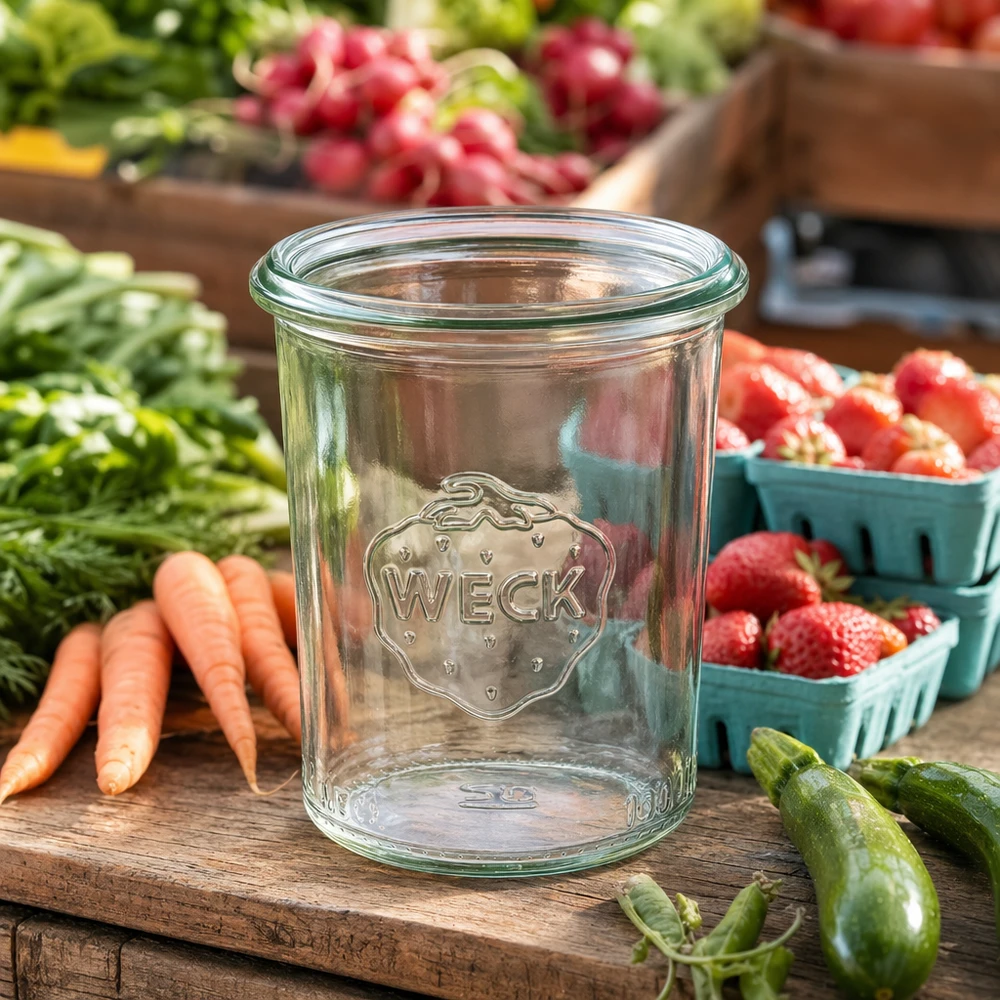160ml Sturzglas WECK RR60 160ml WECK Sturzglas RR60 aus klarem Glas auf Holztisch umgeben von frischem Gemüse und Obst