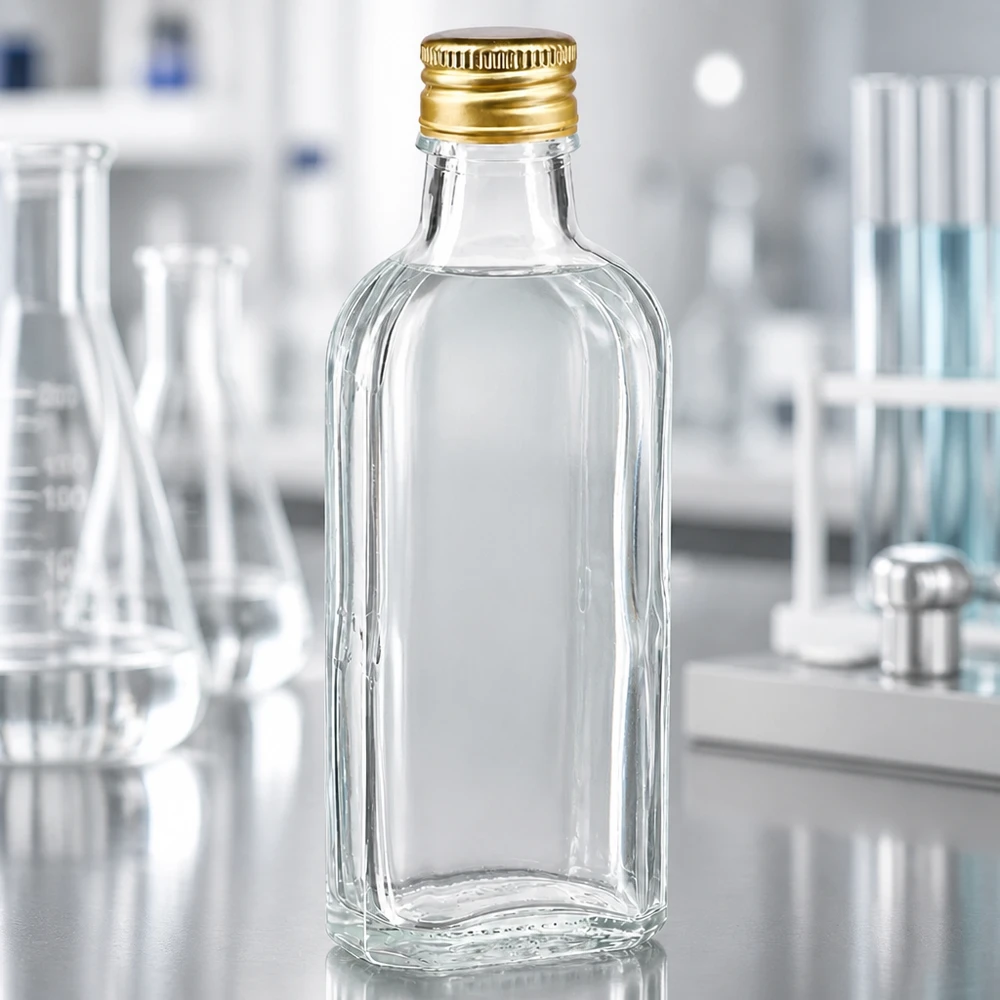 100 ml Meplat klar mit Alu Verschluss gold PP22 Leichtgewichtige 100ml Meplat Glasflasche klar mit gepresstem Goldverschluss PP22 Nahaufnahme