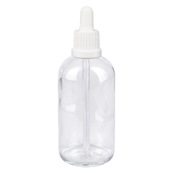 100ml Pipettenflasche weiß Originalitätsverschluss ClearLine UT18/100 Hochwertige ClearLine Dosierflasche 100ml Klarglas mit weißem Tropfer UT18