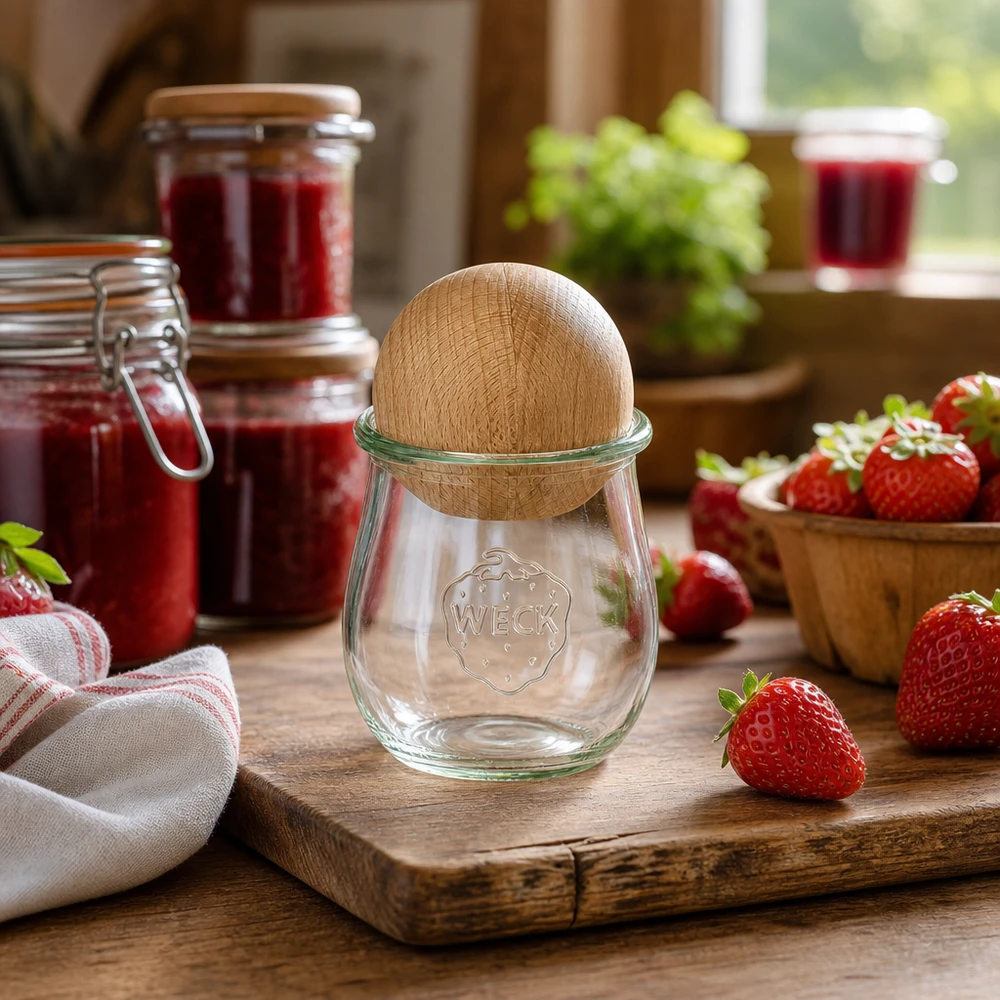 220ml Tulpenglas WECK RR60 mit Holzkugel Buche WECK Tulpenglas RR60 220ml in rustikaler Küche mit Erdbeeren und Marmeladengläsern, Buchenkugel-Deckel Detail