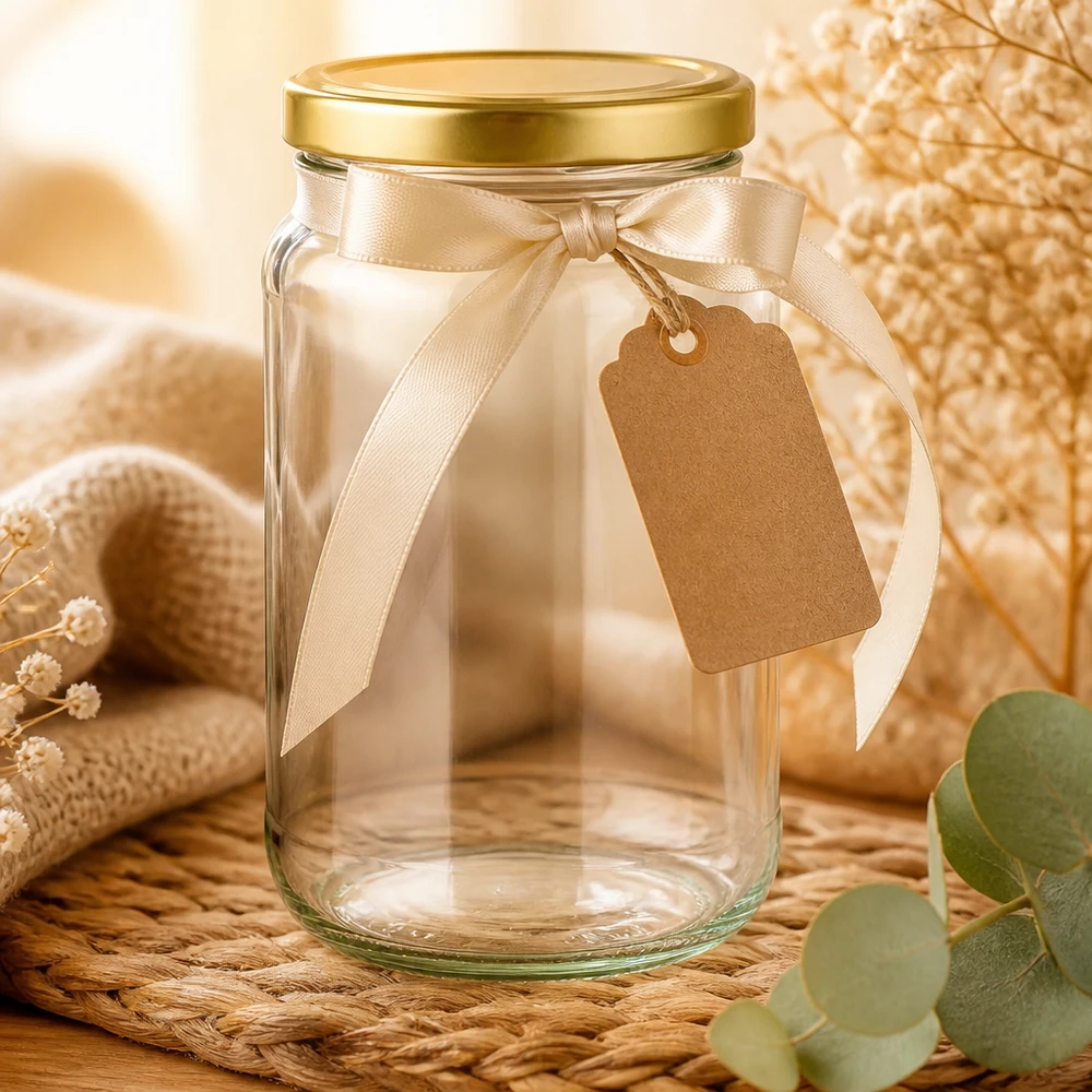 1700ml Rundglas mit BasicSeal Deckel gold UNiTWIST 1700ml Rundglas mit goldenem BasicSeal Deckel dekorativ arrangiert mit Schleife und Anhänger als Geschenkidee