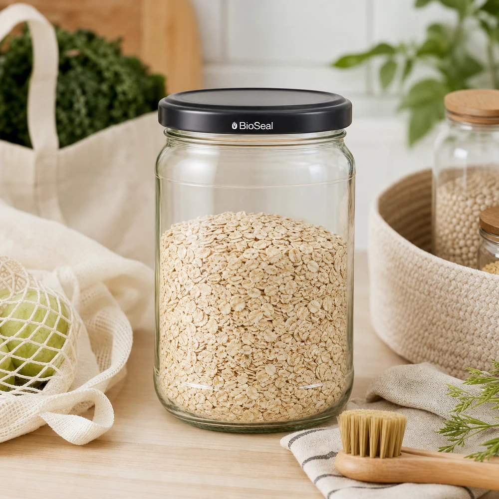 305ml Rundglas + BioSeal Deckel schwarz UNiTWIST UNiTWIST Runda305 Vorratsglas mit Haferflocken gefüllt zeigt praktische Küchenorganisation mit schwarzem BioSeal Deckel