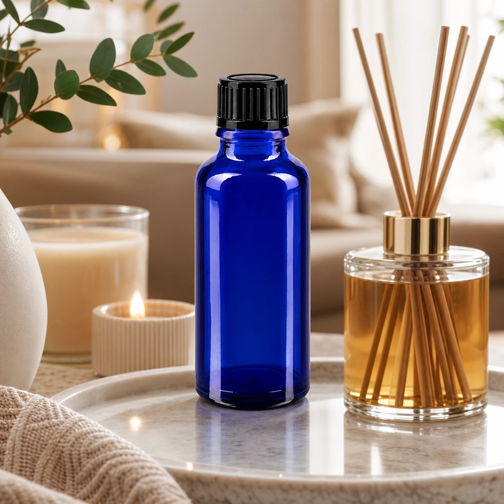 Apothekenflasche blau 30ml Schraubverschluss schwarz Standard Zylindrische kobaltblaue Glasflasche 30ml mit geripptem Schwarzdeckel auf Marmor