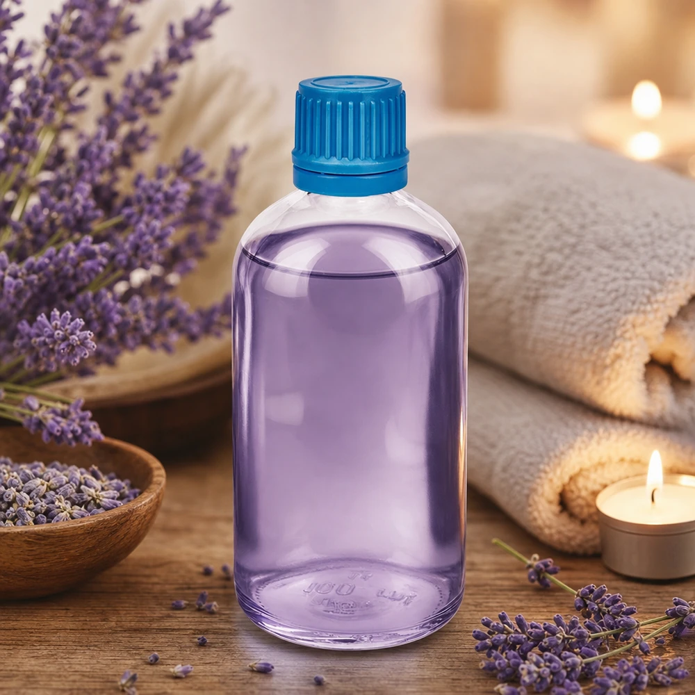 100ml Flasche 11mm Schraubverschluss blau Originalitätsverschluss ClearLine UT18/100 Klare ClearLine Glasflasche 100ml UT18 mit blauem 11mm Schraubverschluss im Spa-Setting