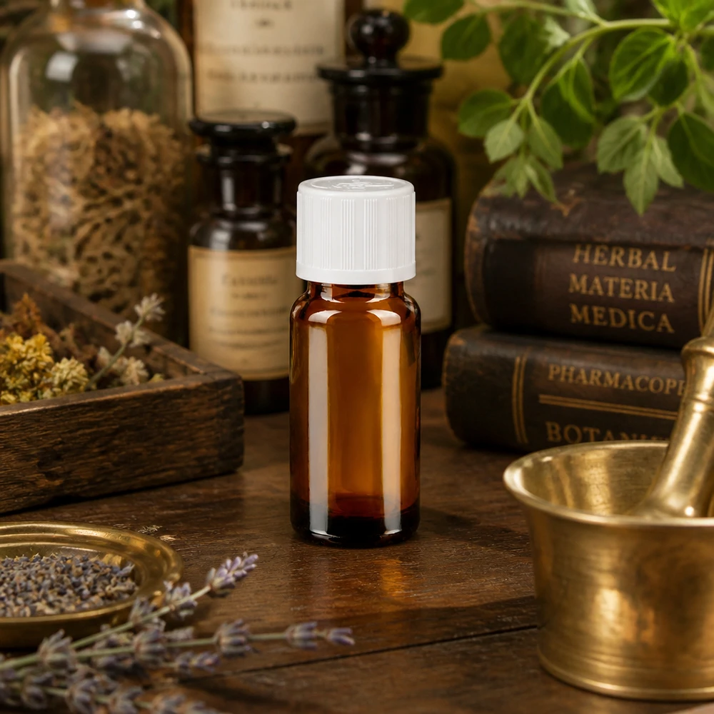 Apothekenflasche braun 10ml Schraubverschluss weiß Kindersicherung Standard Kompakte braune Apothekerflasche 10ml mit weißem 11mm Verschluss in vintage Herbarium-Ambiente
