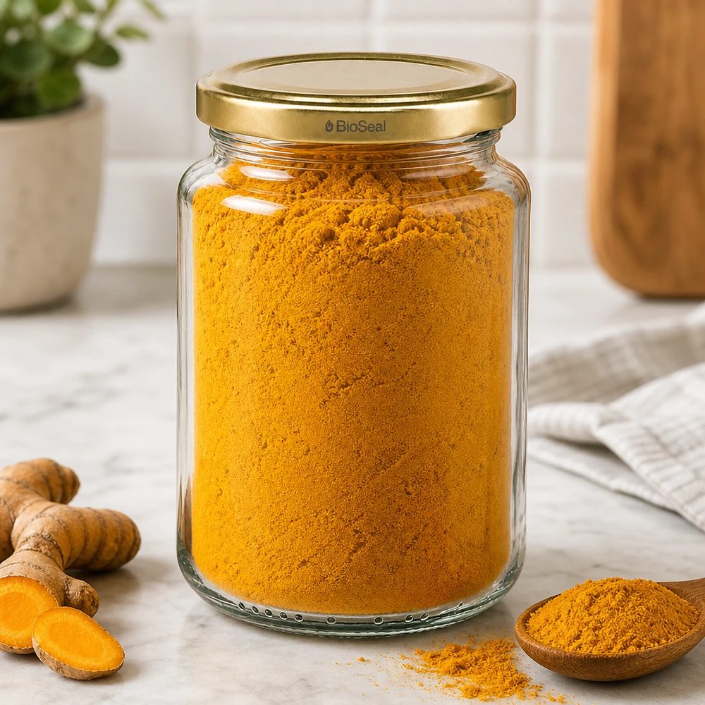 UNiTWIST Runda382 mit goldenem Deckel TO66 BioSeal UNiTWIST Runda382 Gewürzglas mit Kurkuma gefüllt, goldener TO66 BioSeal Deckel, Küchentisch mit frischen Gewürzen