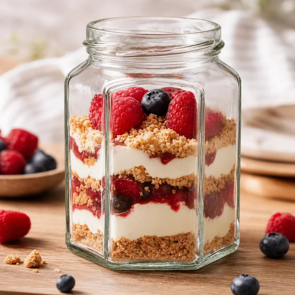Sechseckiges Einmachglas 288ml mit Dessert-Schichtung aus Beeren und Creme - perfekt für Mason Jar Rezepte und Aufbewahr