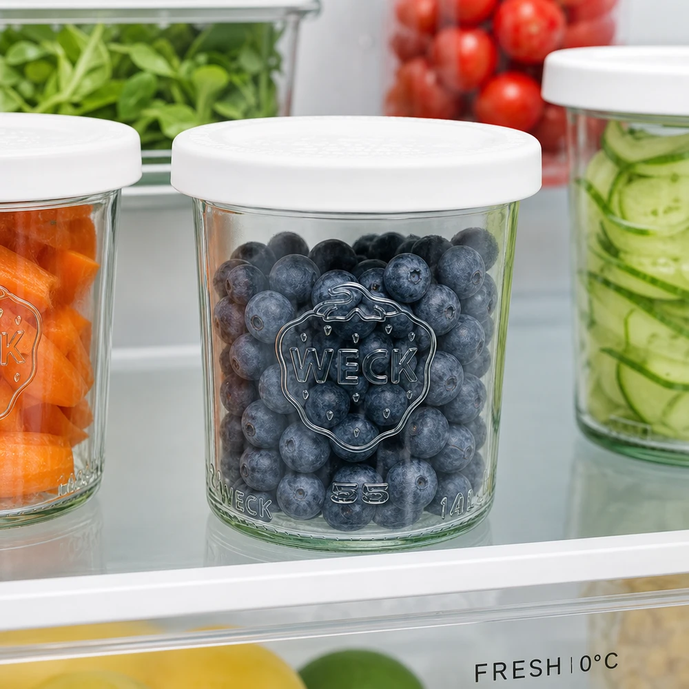 WECK Sturzglas 140ml RR60 mit Blaubeeren im Kühlschrank - optimale Frischhaltung von Obst und Lebensmitteln