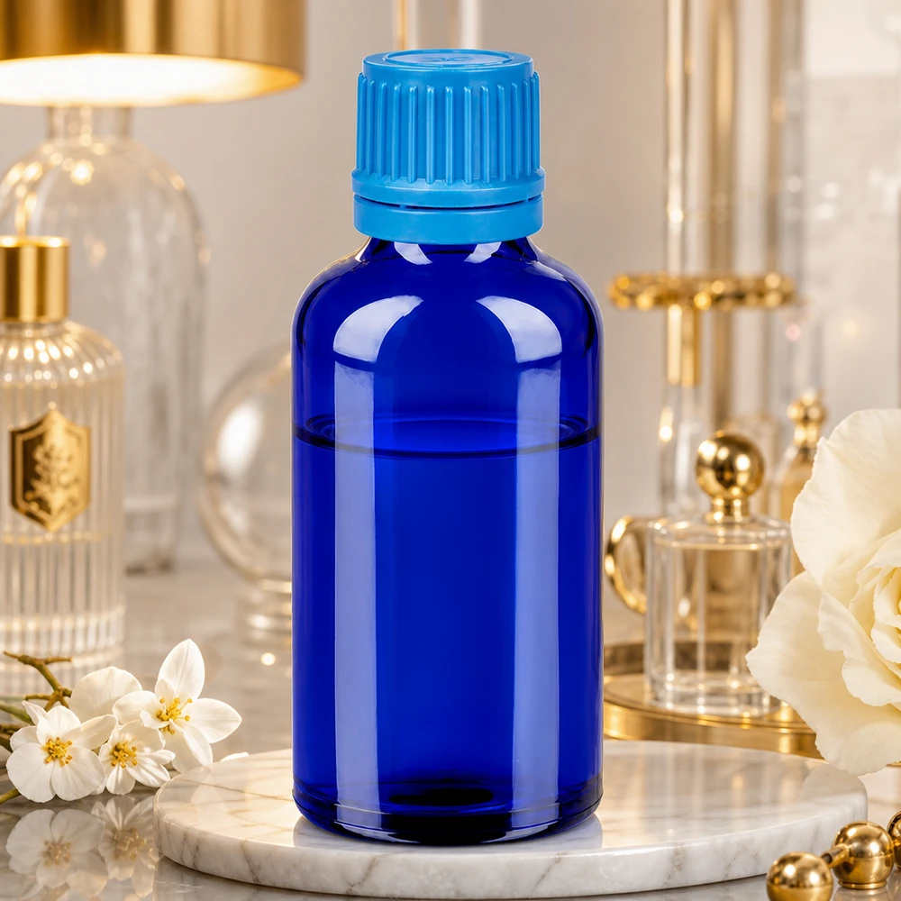 50ml Flasche 11mm Schraubverschluss blau Originalitätsverschluss BlueLine UT18/50 50ml blaue Weithalsflasche aus robustem Glas mit dichtem Verschluss für Langzeitlagerung