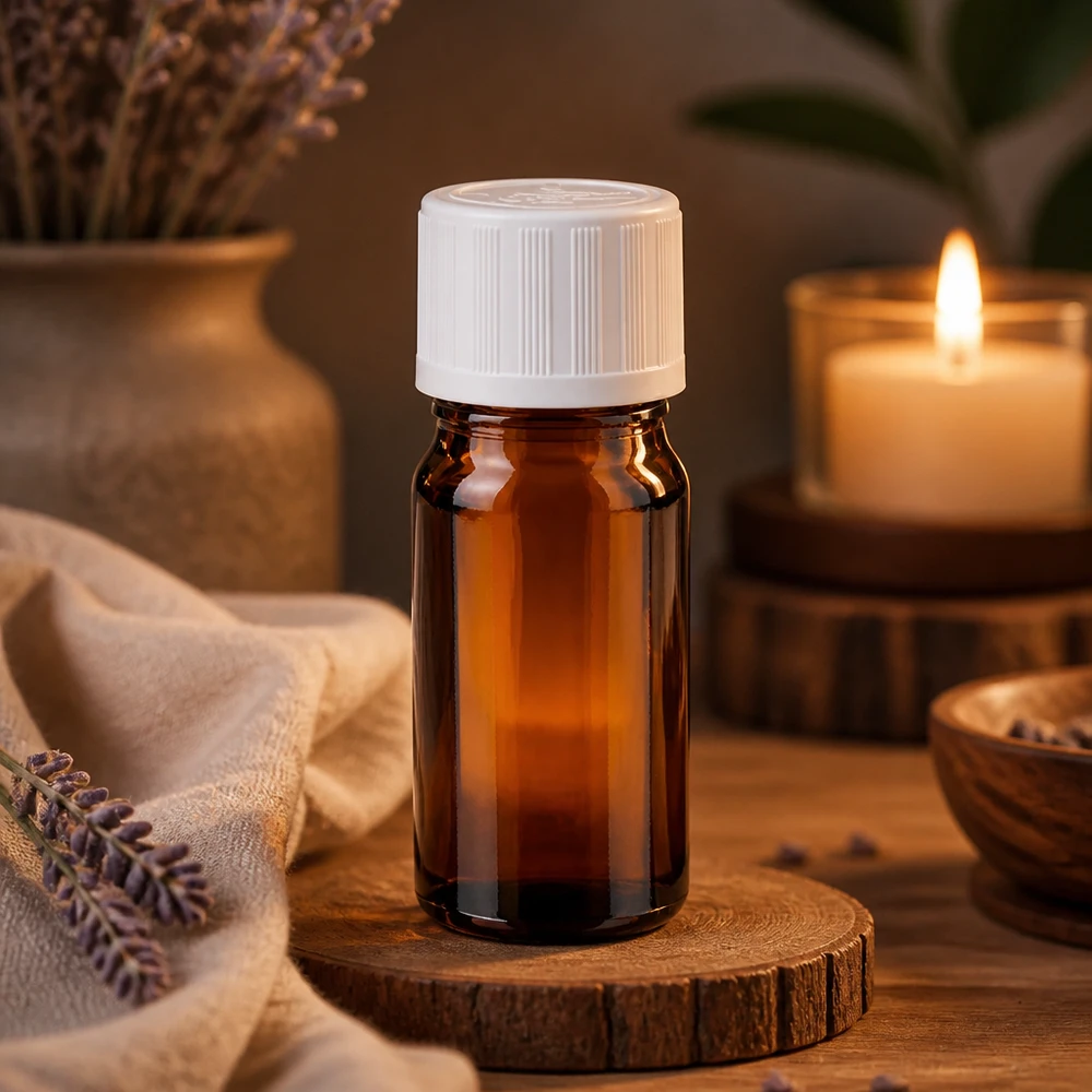 Kleine braune Apothekerflasche 5ml weißer Verschluss auf Holzscheibe mit Spa Ambiente