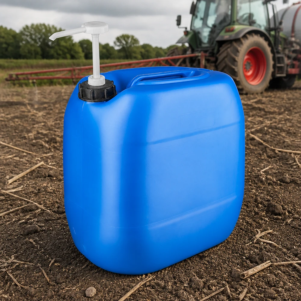 Kanister 30 Liter blau mit Dosierpumpe Quaderförmiger Kunststoffbehälter 30L blau mit Schraub-Dosierpumpe im Freiluft-Einsatz
