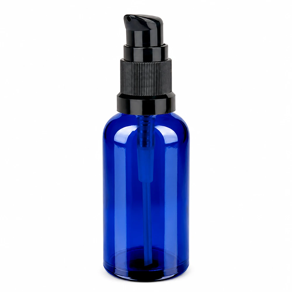 50ml Pumpflasche schwarz Standardverschluss BlueLine UT18/50 Professionelle 50ml Kosmetikflasche blau mit schwarzer Pumpe für Salons und Heimgebrauch