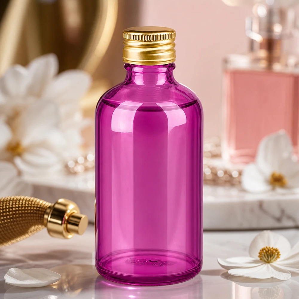 Apotheker-Glasflasche 100ml in trendigem Purple-Design mit professionellem Aluminiumdeckel